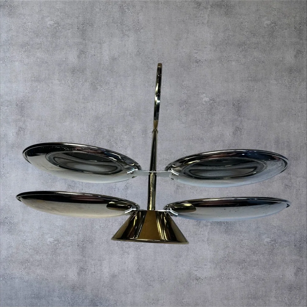 Vintage Kromex Serving Set Large Round Tray Gold Handles & 4 Tier Tidbit Server‎